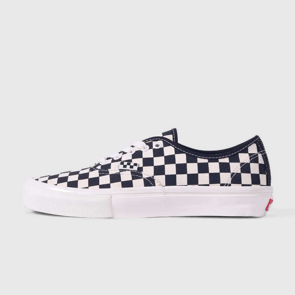 Vans Pro Skate Authentic Checkerboard Shoes in navy and white features DURACAP reinforced underlays for comfort and durability.