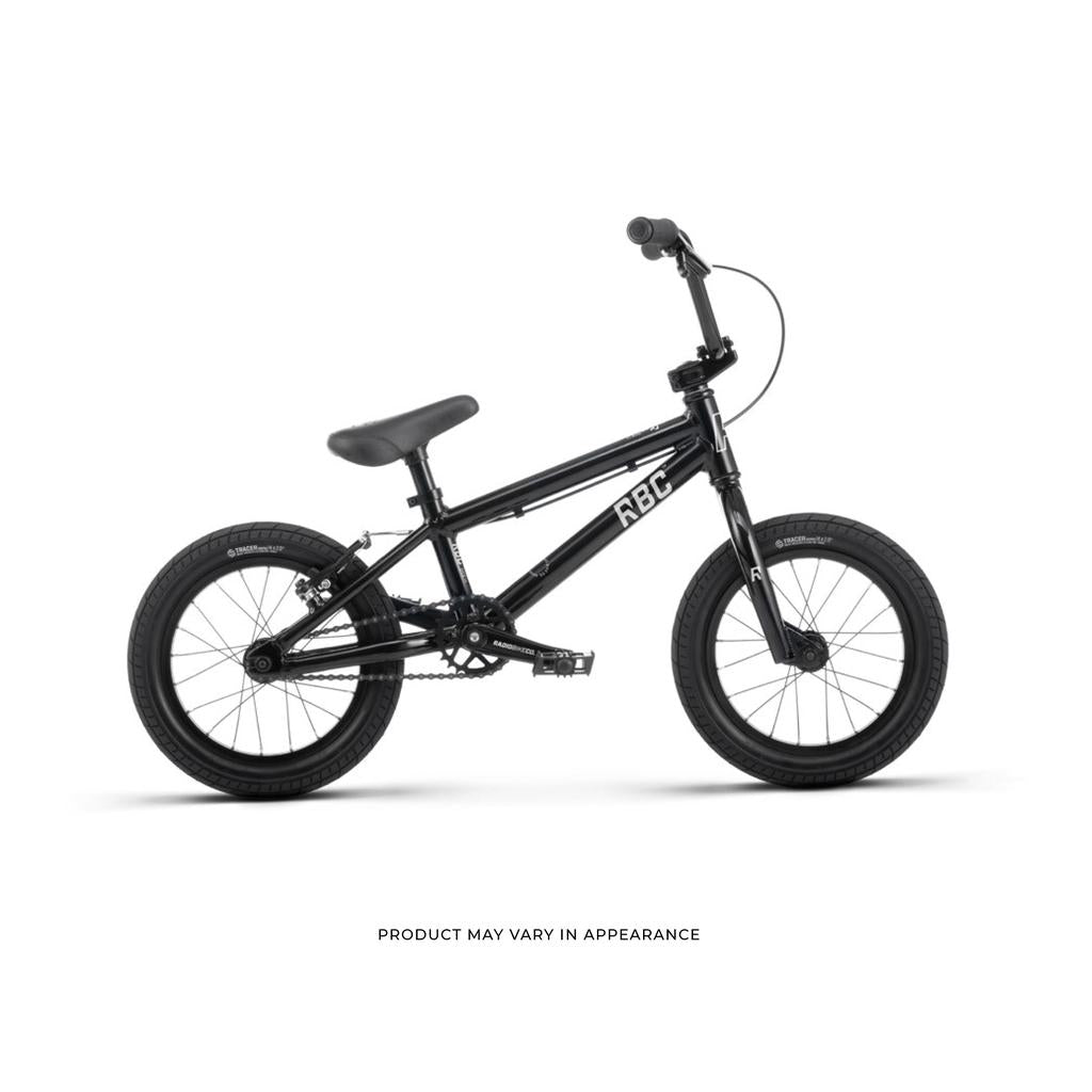 The Radio Dice 14 Inch Bike is a black kids BMX with thick tires, straight handlebars, and a padded seat, shown on a white background—ideal as a lightweight ride for young riders.
