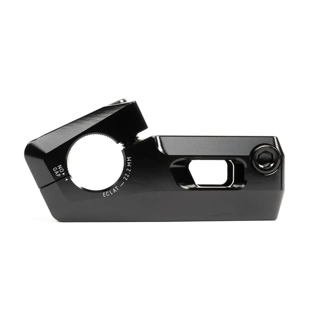 The Eclat Felix Top Load Stem, with a 22.2mm clamp, is a black BMX stem featuring the Vice-Jaw clamping system and engravings for size and brand, inspired by Felix Prangenberg's innovative design.