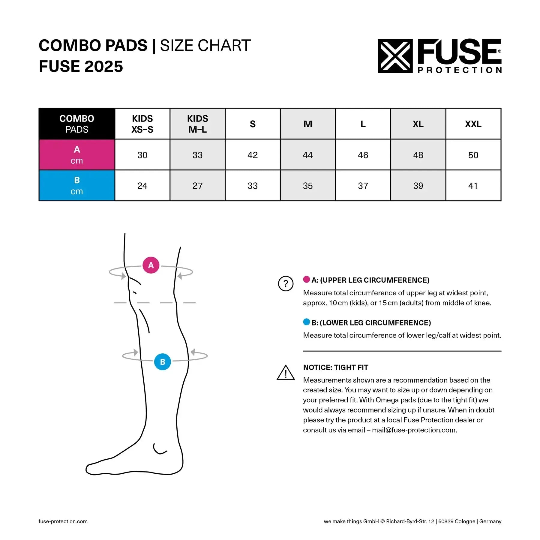 Fuse Echo 100 Knee Shin Combo Pads size chart with diagram shows A (upper leg) and B (lower leg) measurements in cm for XS-S to XXL. Fitting tips help you choose optimal knee and shin protection with impact absorption.
