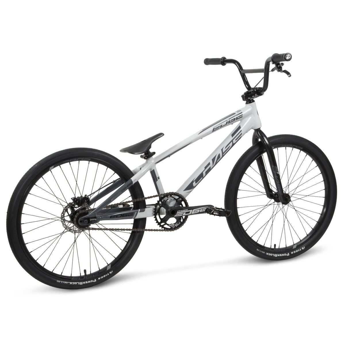 The Chase Edge Cruiser Bike (2026) is a white and black BMX race bike with a lightweight 6061 aluminum frame, flat handlebars, thick tires, and Shimano hydraulic disc brakes, displayed on a plain white background.