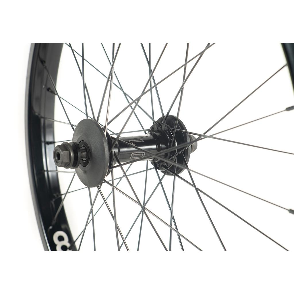 Close-up of the Colony Wasp Pintour Front Wheel, showcasing its black metal spokes, hub, and axle on a white background—a durable freestyle BMX wheel.