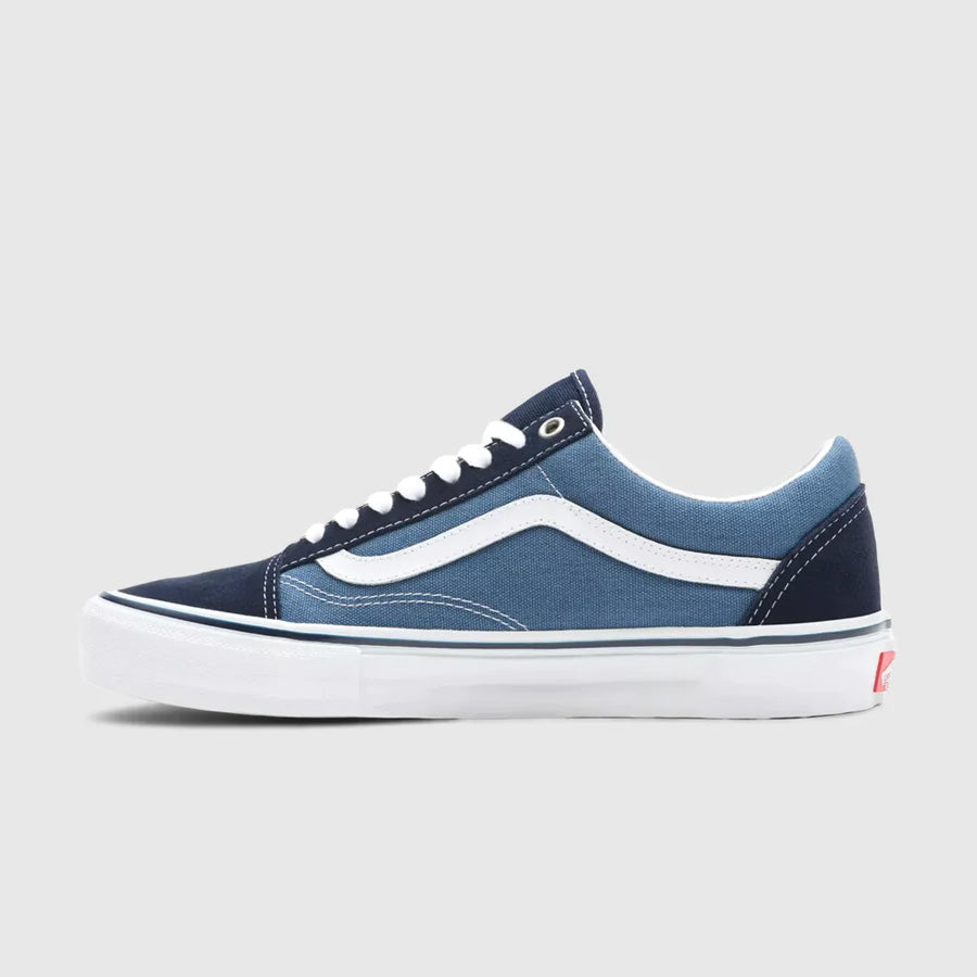 Navy and white Vans Skate Old Skool Pro Shoes with exceptional durability and grip.