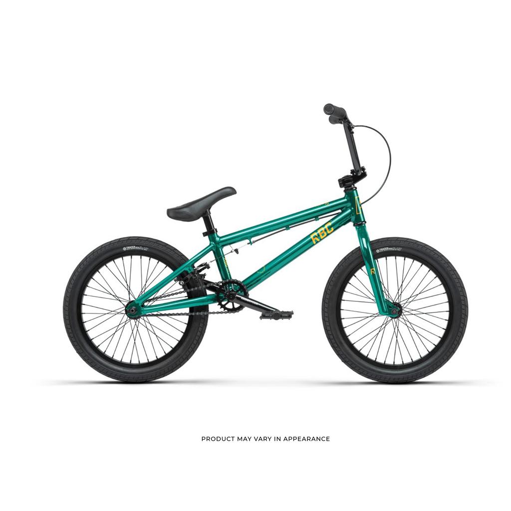Radio Dice 18 Inch Bike with green frame, black seat and handlebars, and Salt Tracer Tyres, shown on a white background.