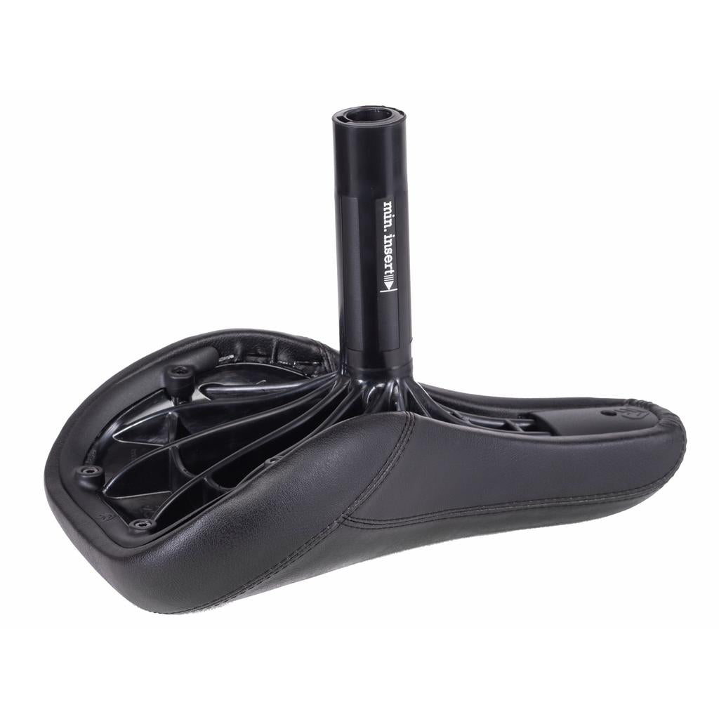 The Eclat Unify Fat Padded Combo Seat is a black BMX seat with an integrated 25.4mm post, visible support ribs, and a leather-like cover for comfort and durability.