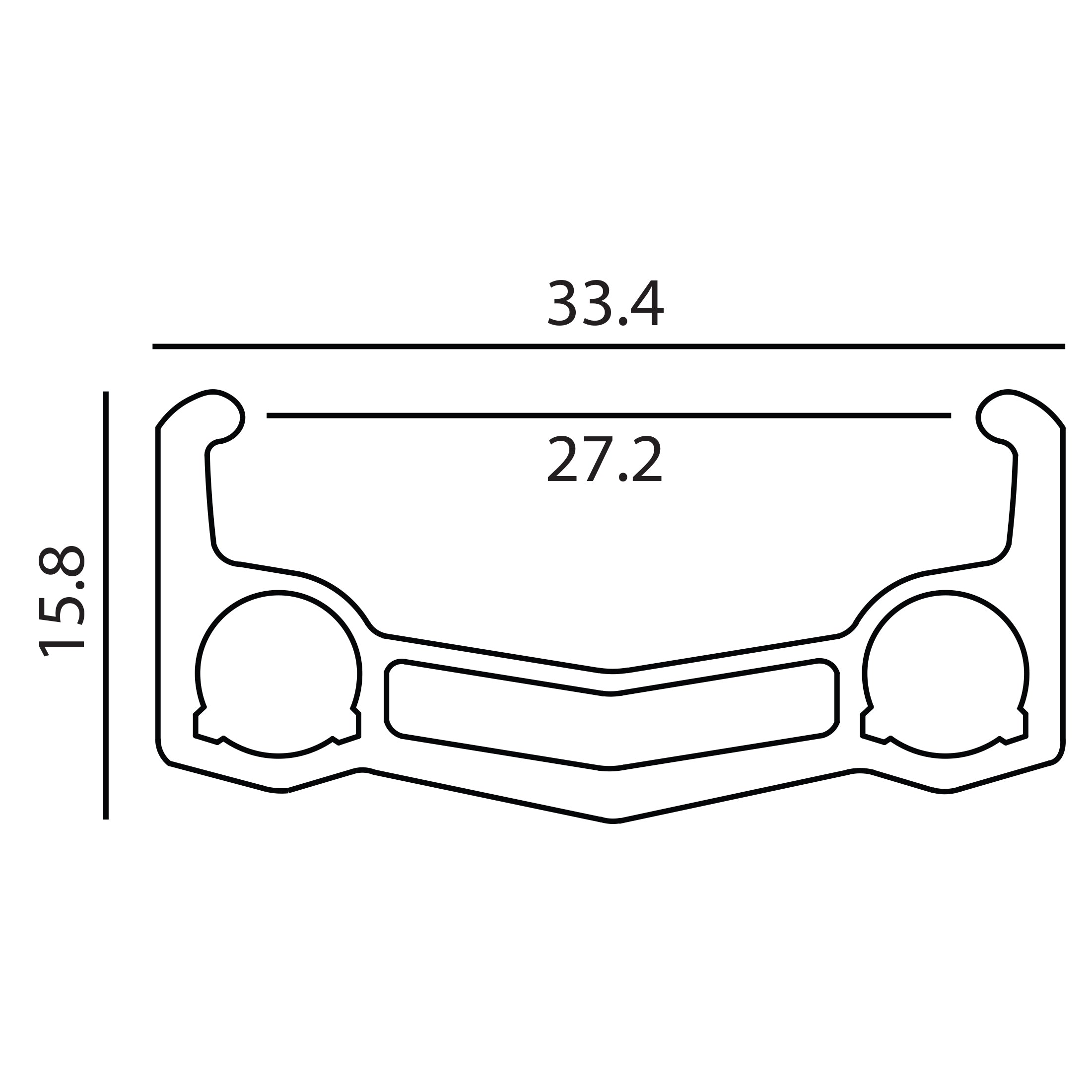 Outline of a car front bumper with headlights, labeled dimensions—width: 33.4 units, inner width: 27.2 units, height: 15.8 units—inspired by the style of the Alienation BlackSheep 20 Inch Rim for street and park use.