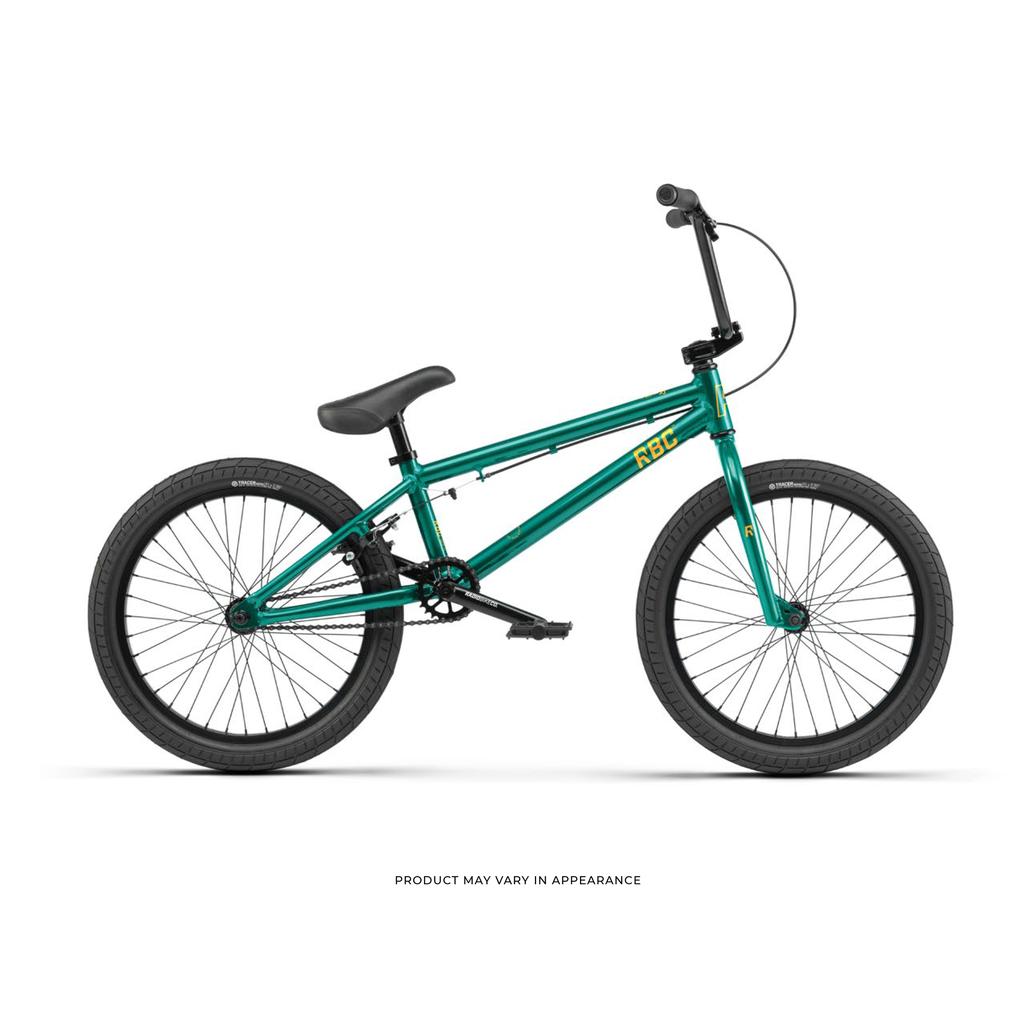 The Radio Dice 20 Inch Bike, featuring a green lightweight alloy frame labeled "RSR," black handlebars and pedals, and 20-inch tires, is displayed on a white background.