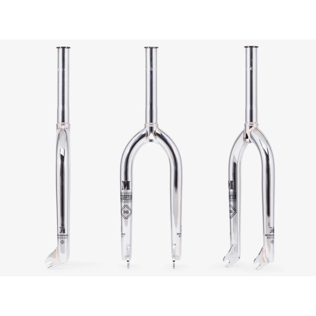 Three Wethepeople Message Forks, shown from side, front, and diagonal angles on a white background. These robust chrome forks are perfect for park riders and include a lifetime guarantee.