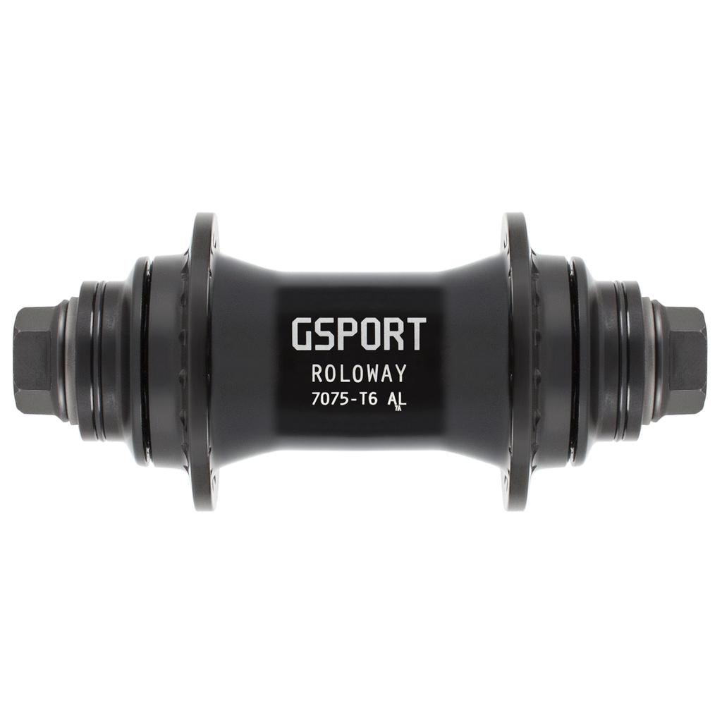 The G-Sport Roloway Front Hub in black is shown horizontally on a white background, featuring flanges for spoke attachment, threaded axle ends, and plastic hub guards protecting the sealed front hub.