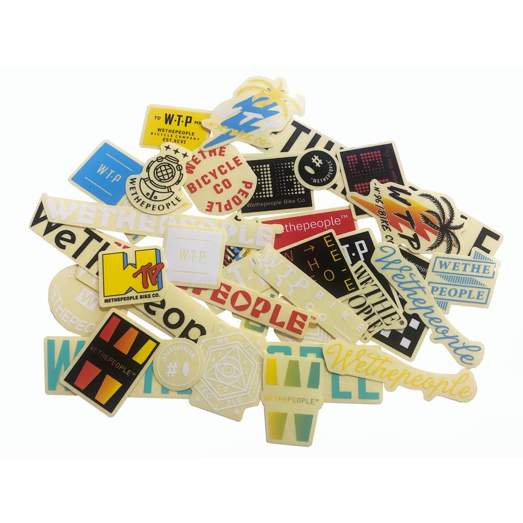 A pack of 38 Wethepeople Brand Stickers, featuring assorted designs and logos in various colors, showcases WTP's distinctive style—perfect for personalizing your BMX gear or accessories.