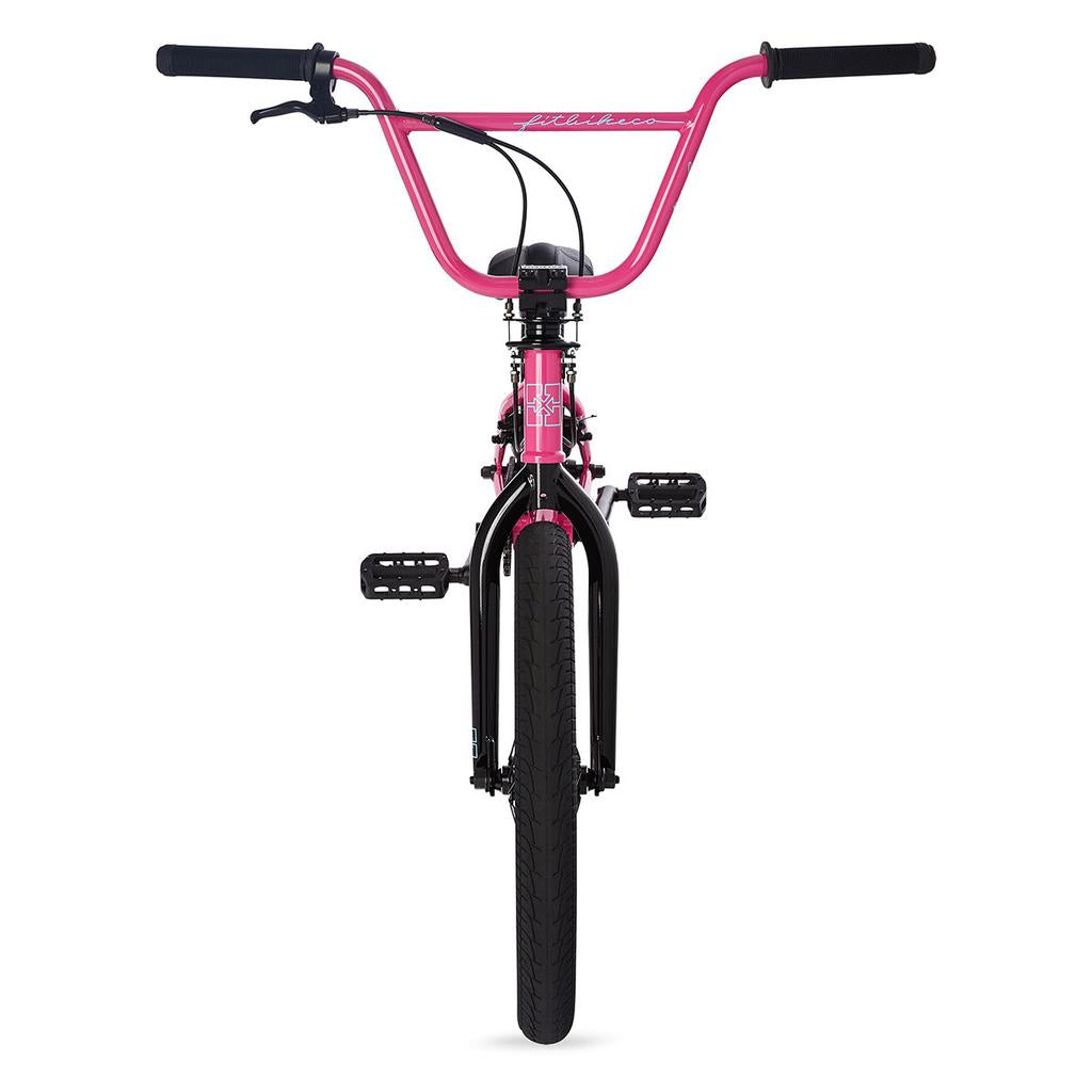 Front view of a Fit Prk 20 Inch Bike (2023) with a black frame, pink handlebars, sealed bearings, and the front tire facing directly forward.
