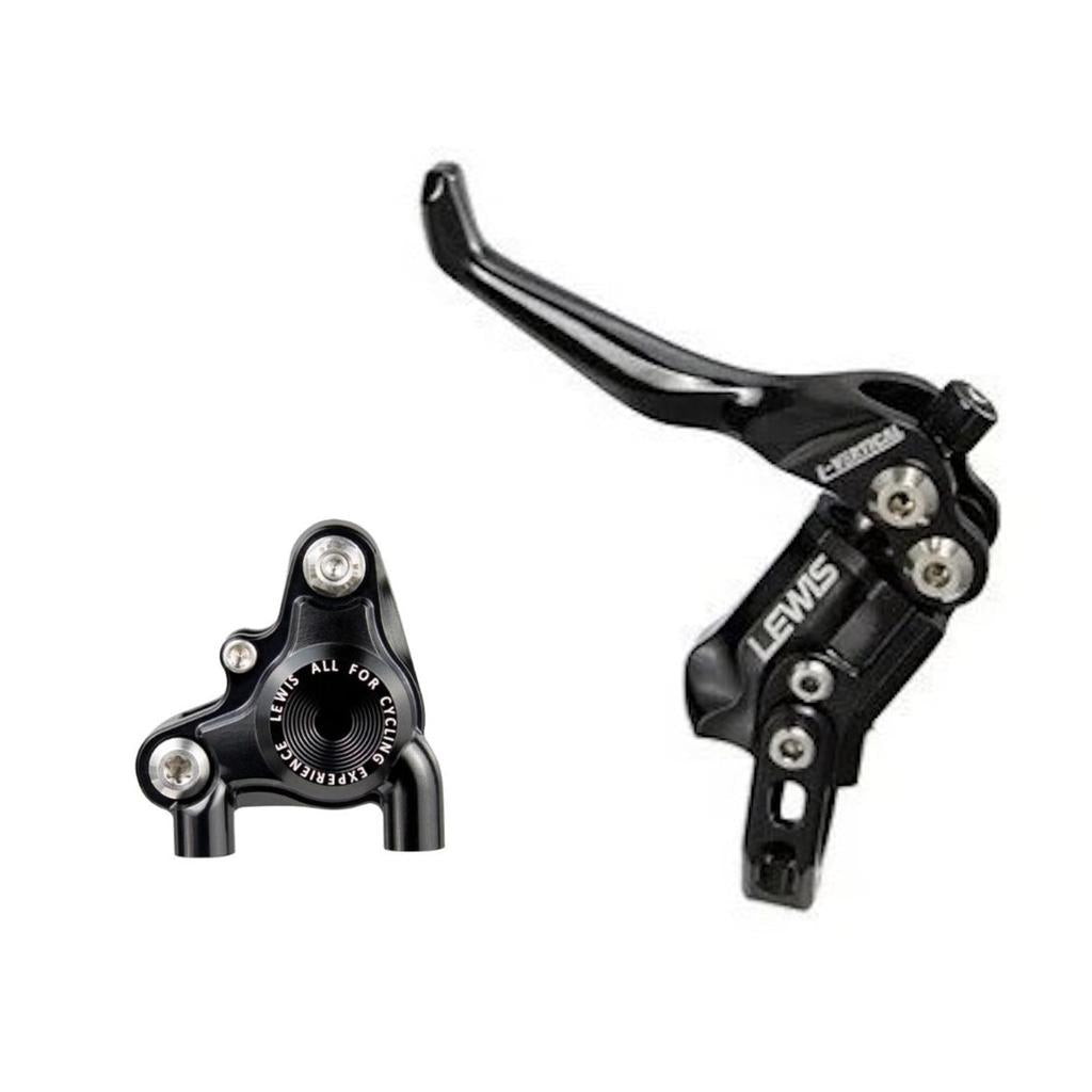 Black Lewis LV2 Flat Mount Disc Brake (BMX Edition) lever set with silver screws; ultralight due to CNC machining. The extended lever and separate caliper are displayed in the image.