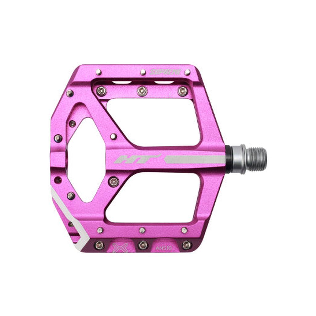 A pair of purple HT Supreme ANS10 Pedals with metal pins, a silver spindle, and an alloy flat body, shown against a white background.