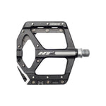The HT Supreme ANS10 Pedals are black, wide-platform alloy flat pedals with metal pins for grip and a silver spindle.