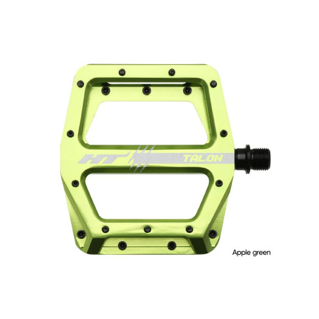Apple green HT AN71 Talon Pedals feature a flat, open design and multiple grip pins.