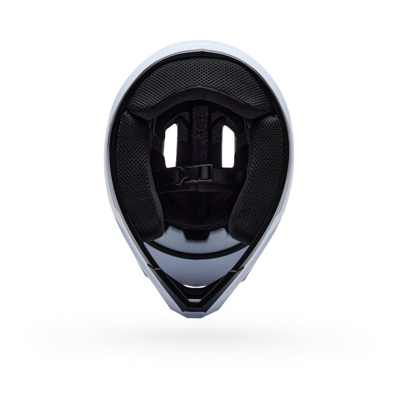 Top view of the Bell Sanction 2 White helmet, an entry-level model, displays interior padding, chin strap, and ventilation areas against a plain white background.