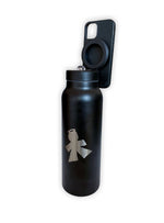 The V1da Phone Holder Drink Bottle is a black, BPA free water bottle with a silver abstract logo, featuring a screw-top lid attached by a hinge that flips open.