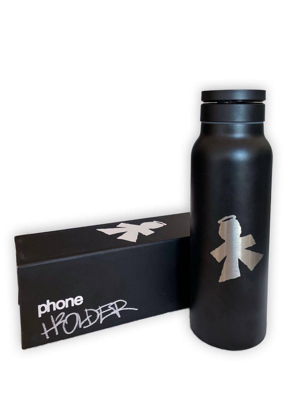 The V1da Phone Holder Drink Bottle, a black BPA-free bottle with a silver graphic, stands beside a sleek black box labeled "V1da Phone Holder" in white and silver text.