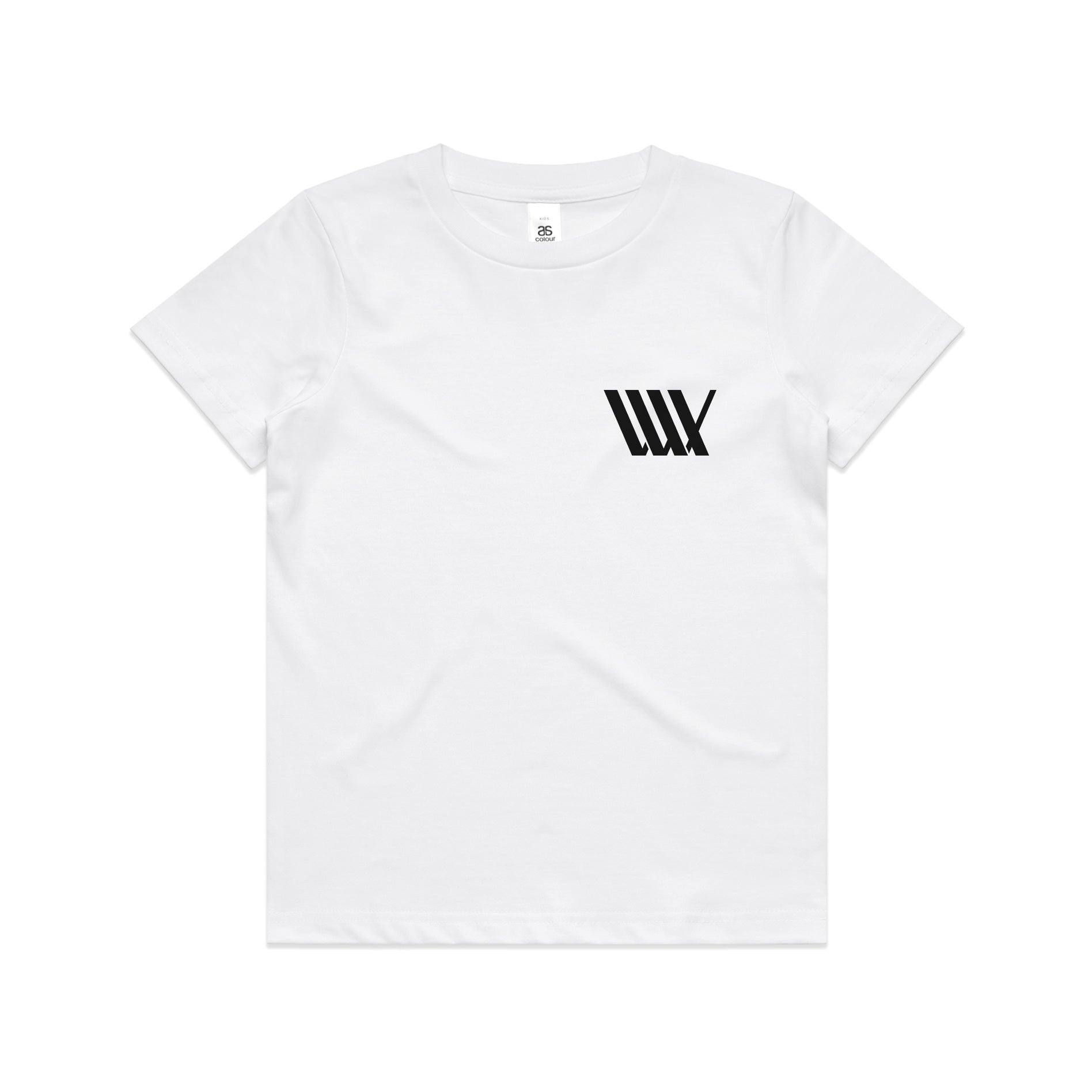 A white LUXBMX Izaac X Rico Kids Tee with a black logo of the LUX team printed on it.