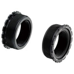 Two black anodised alloy T47 to BSA/Euro bottom bracket conversion cups with threaded design and ridged outer edges are shown on a white background.