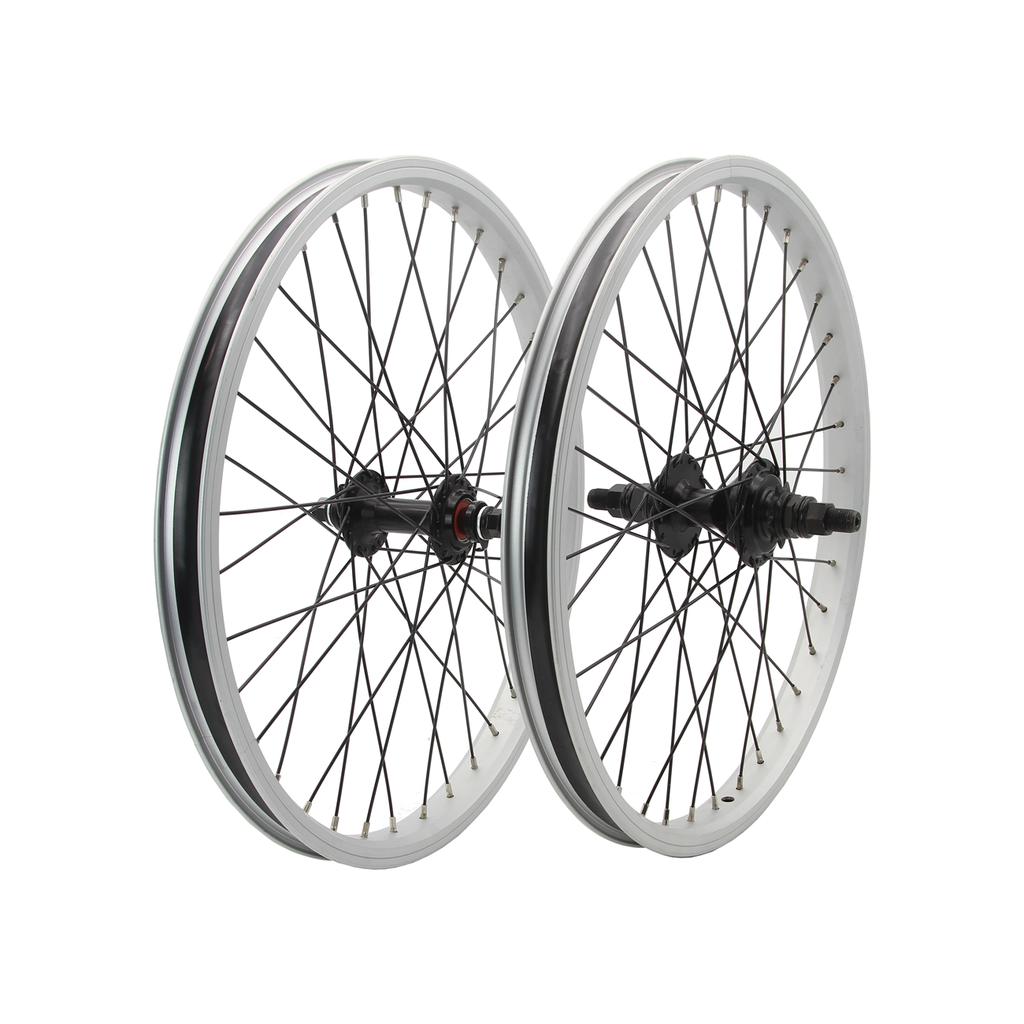The DRS Pro Wheel Set features two matching 20-inch wheels with silver rims, black spokes, and black hubs—ideal as a BMX wheelset upgrade for your Redline RL20B.