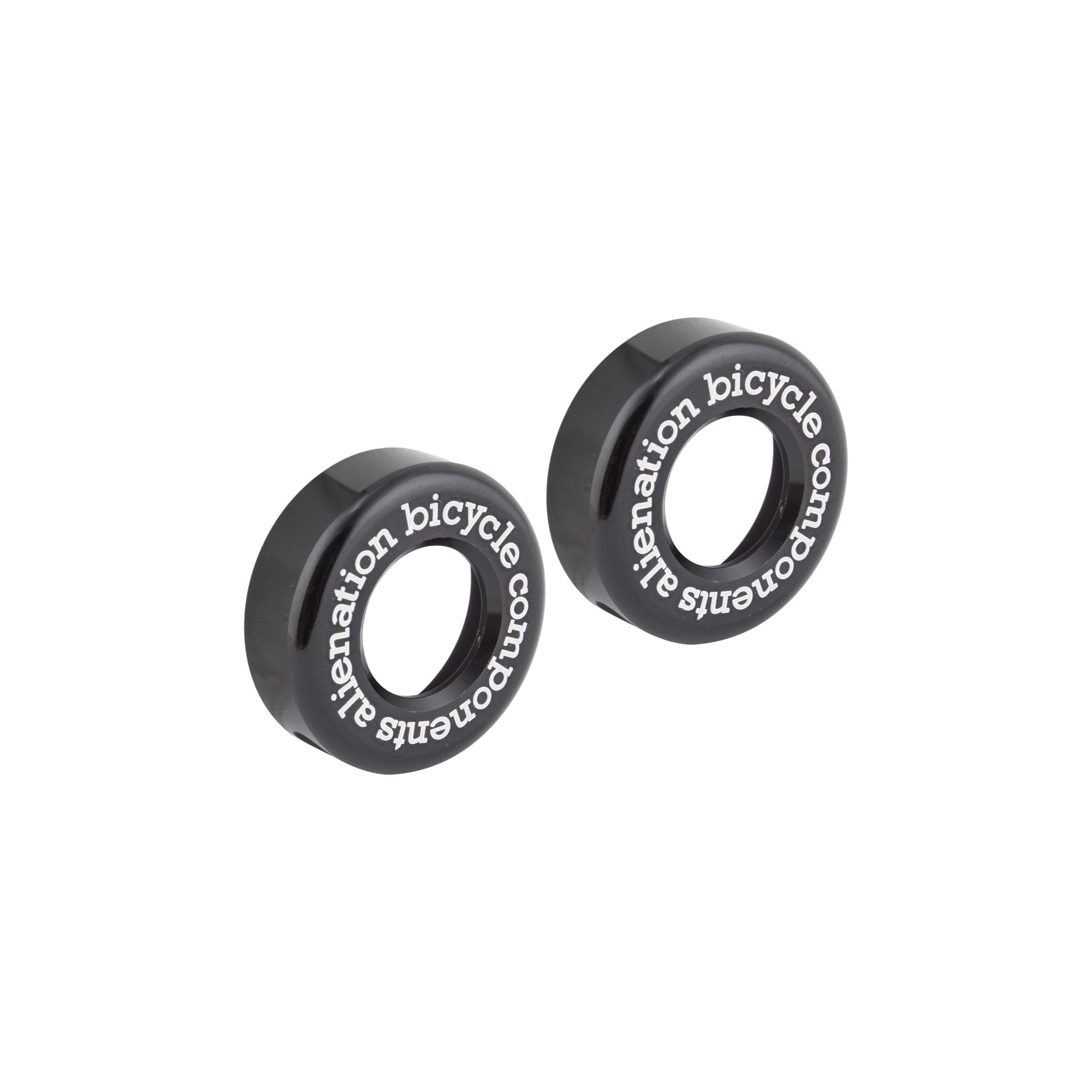 Two black circular aluminum Alienation Stooges Alloy Bar Ends, each featuring "bicycle components alienation" in white, are shown on a white background.