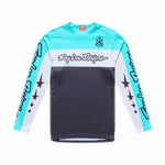 The TLD 26.1 Sprint Pro Jersey / Yo Moto Carbon features turquoise, white, and black color blocks, "Troy Lee Designs" text on the chest and sleeves, a flame logo on the left chest, and a Race Fit long-sleeve silhouette.