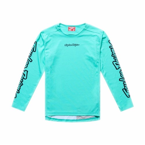 The TLD 26.1 Sprint Pro Jersey (Youth) in Mono Real Teal features long sleeves and bold black chest and sleeve text, crafted from Bluesign approved fabrics, shown on a white background.