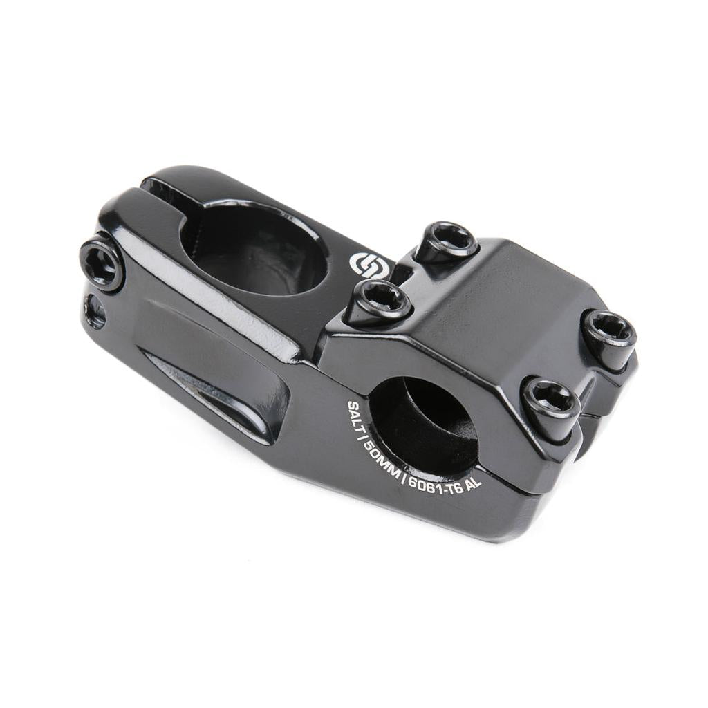 The Salt Am V2 Top Load Stem (22.2mm Clamp) features a black finish, four front-facing bolt holes, two distinct clamping areas, and is crafted from durable aluminum alloy—making it an affordable option for dependable performance.