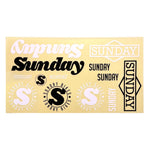 The Sunday Logo Sticker Pack includes 13 assorted "Sunday" and "Sunday Bikes" logo stickers in various fonts, sizes, and colors on a yellow background.