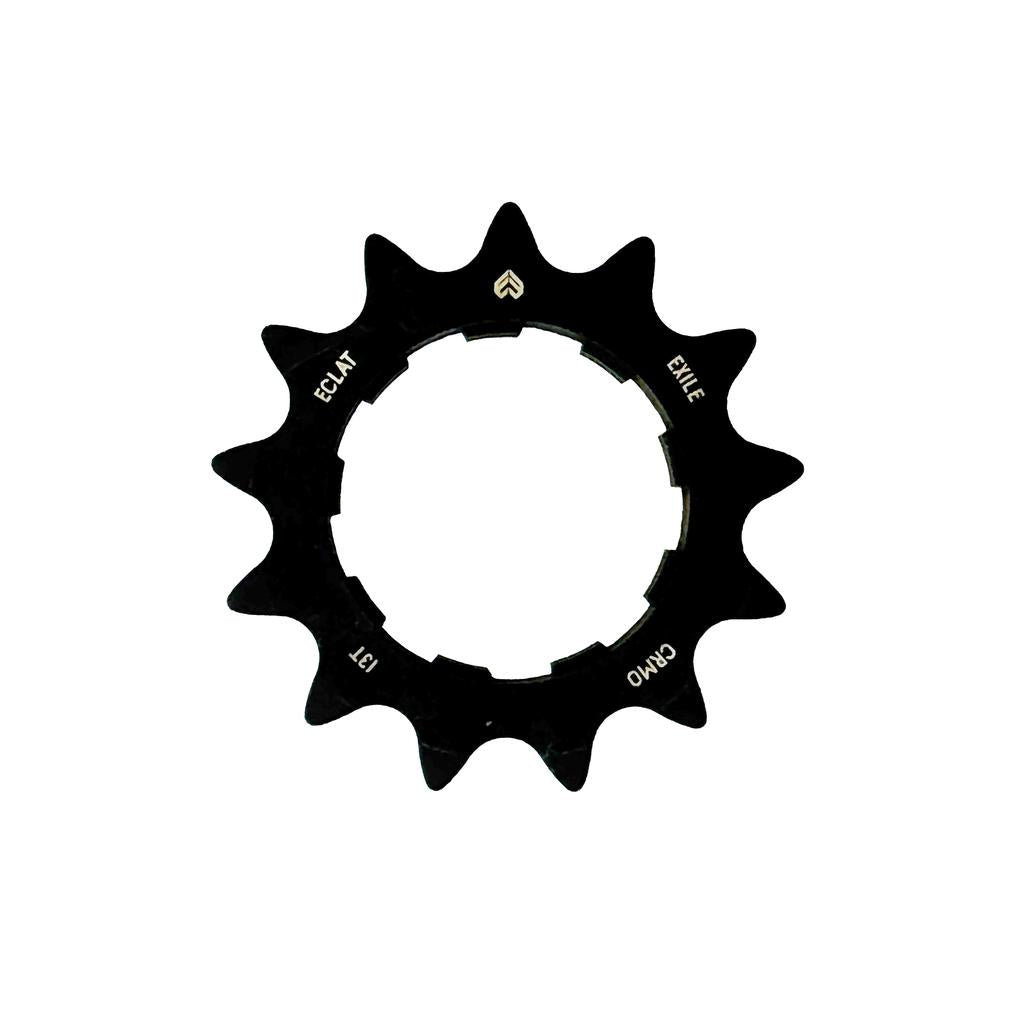 The Eclat Exile Chromo Cassette Rear Sprocket is a black 10-tooth BMX cog labeled "ECLAT," "EXILE," and "CHROMO," designed for Exile Cassette Hubs with Shimano HG-style compatibility, shown on a white background.