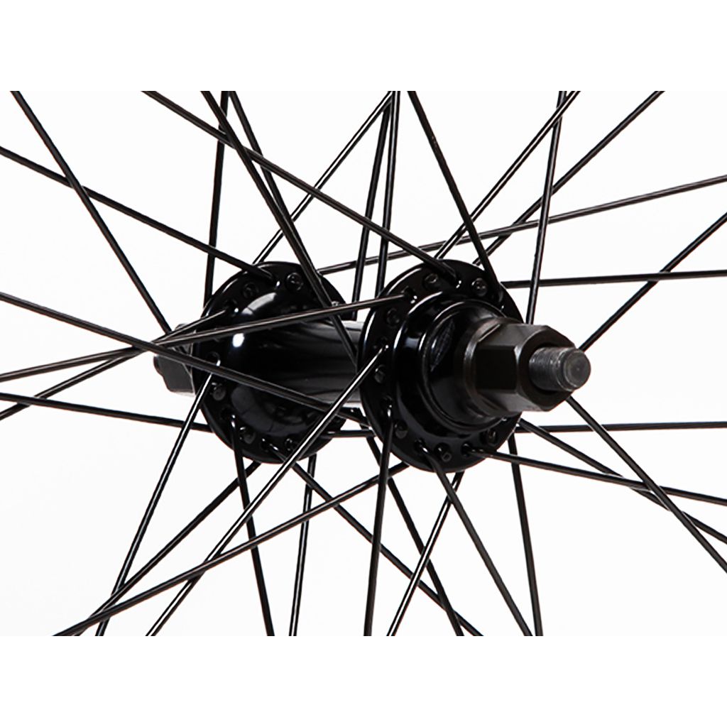 Close-up of a black Fit Bike Co 22 Inch Cassette Wheel Set and spokes on a white background.