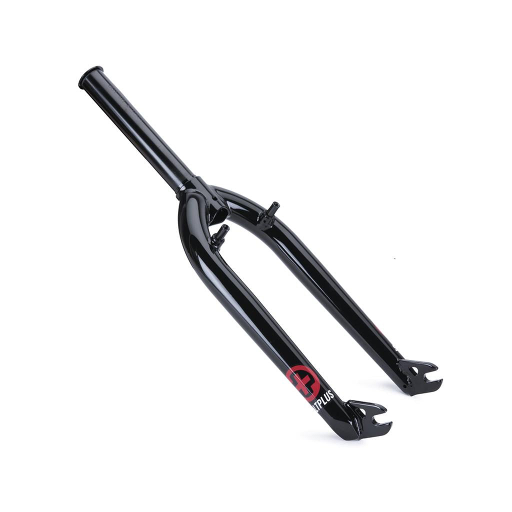 Salt Plus EX Brake Mount Forks: Black BMX fork with dual prongs and a cylindrical steering tube, featuring white and red logo branding. This replacement fork includes brake mounts and has a 28mm offset for precision handling.