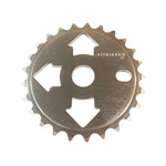The Fit Bike Co Tri Front Sprocket is a silver BMX sprocket featuring three arrow-shaped cutouts and "FITBIKECO 25" engraving—an affordable aftermarket upgrade for your ride.