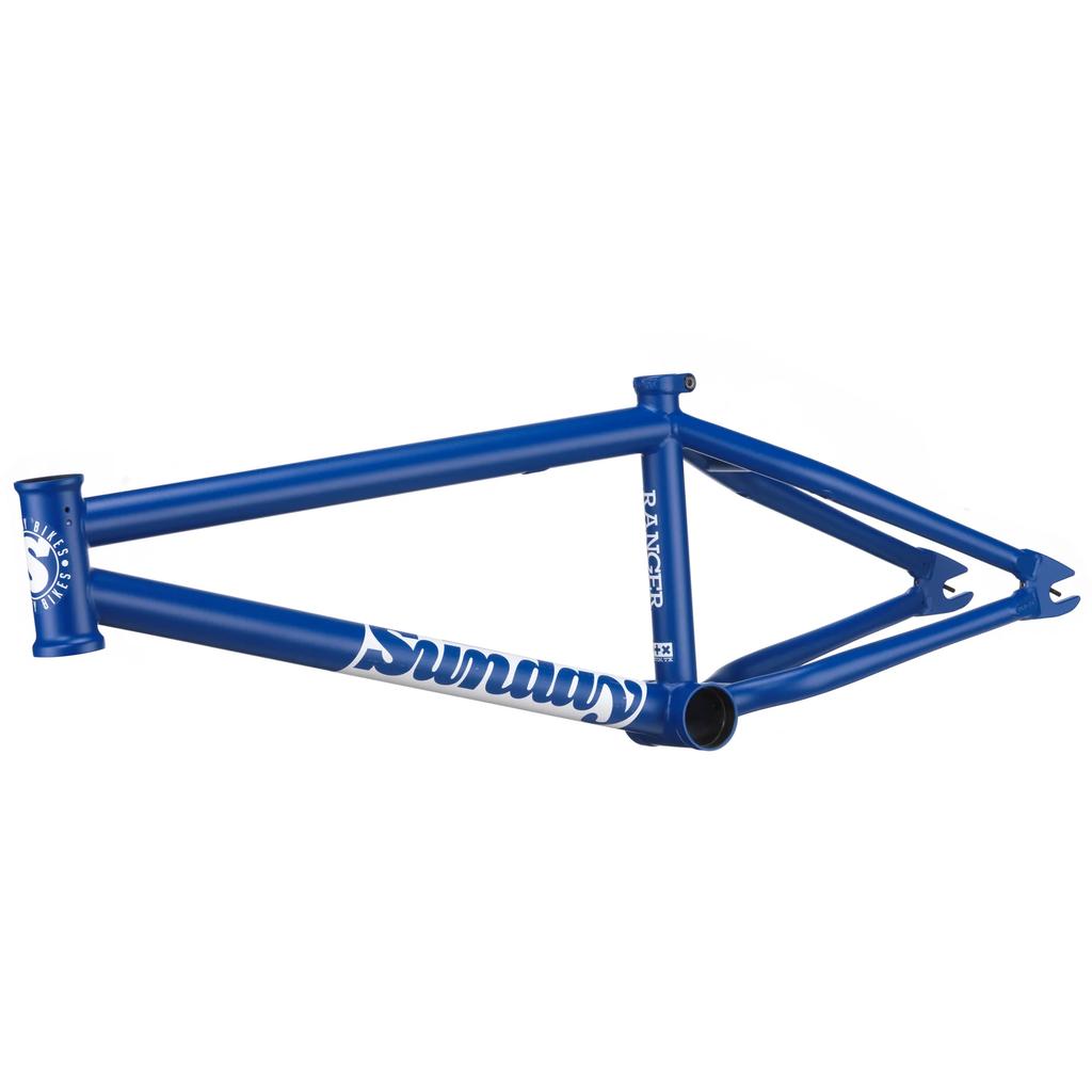 The Sunday Ranger 18 Inch Frame features pro-level BMX geometry, a blue finish, the "Sunday" logo on the downtube, and "RANGER" printed on the top tube, displayed against a white background.
