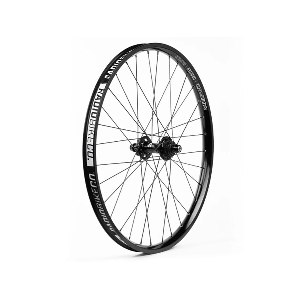 A black bike wheel with intricate spokes and a Radio Orbiter/Sonar 26 Inch Hybrid Cassette/Freecoaster Rear Wheel hub, isolated on a white background.