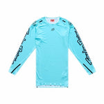 The TLD 26.1 Sprint Ultra Jersey in Mono Real Teal is a long-sleeve athletic shirt with black graphics on the sleeves, a small chest logo, and made from Ultra Knit fabric for exceptional comfort.