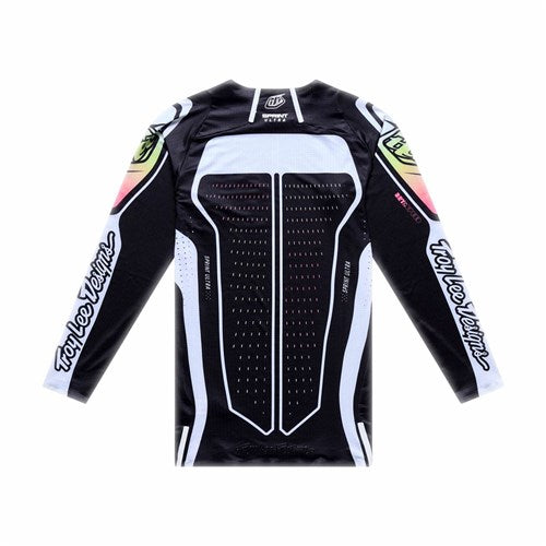 A back view of the TLD 26.1 Sprint Ultra Jersey / Proton Black, a long-sleeve jersey with black and white design, mesh ventilation panels, sleeve logos, and crafted from ultra knit fabric.