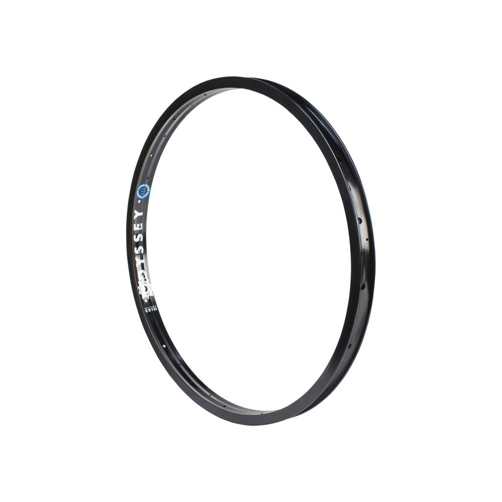 The Odyssey Hazard Lite 24 Inch Rim is a black metal BMX rim with evenly spaced spoke holes and bold white "Odyssey" branding on one side, reflecting the iconic design found in Odyssey rims.