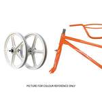 The Skyway Street Beat 20 Inch Bike features white wheels and an orange 4130 chromoly BMX frame, displayed separately on a white background. Text below says, "PICTURE FOR COLOUR REFERENCE ONLY.