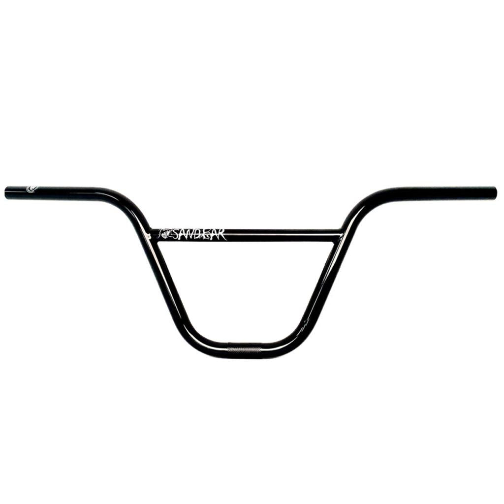 The S&M Sandbar (Dave Krone) black BMX handlebar boasts durable chromoly tubing, a sleek crossbar design, and a logo on the front.