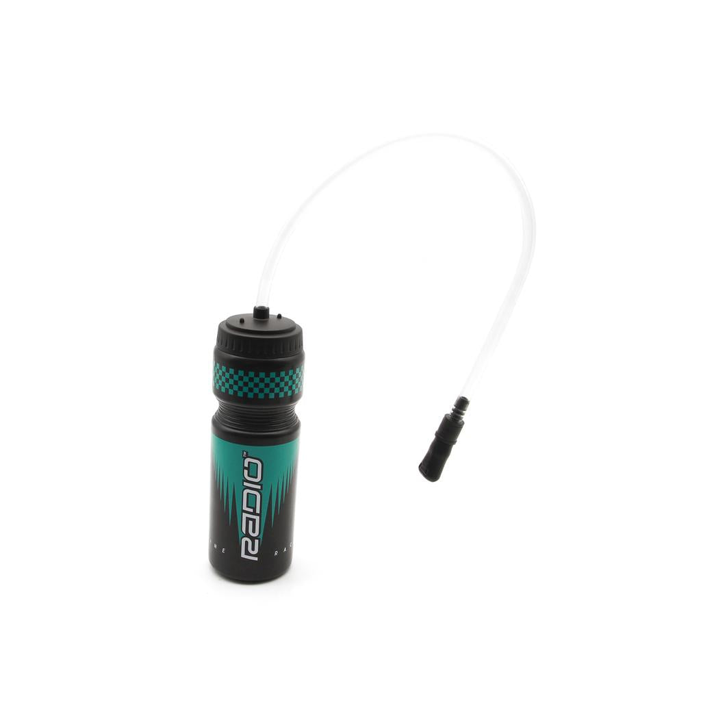 The Radio Raceline Flex Water Bottle is black and teal, holds 700ml, has a screw-on lid, an attached flexible drinking tube, and a leak-proof bite valve mouthpiece.