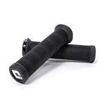 Two black Tangent Contour Lock On Grips with a chevron pattern and closed ends, one lying flat and the other resting diagonally on top in a slim fit design.