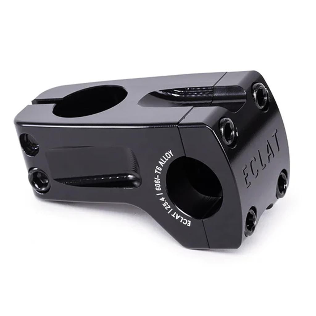 The Eclat Domain OS Front Load Stem (25.4mm Clamp) is made from strong 6061-T6 alloy, with beveled edges and a four-bolt front plate for secure handlebar attachment.