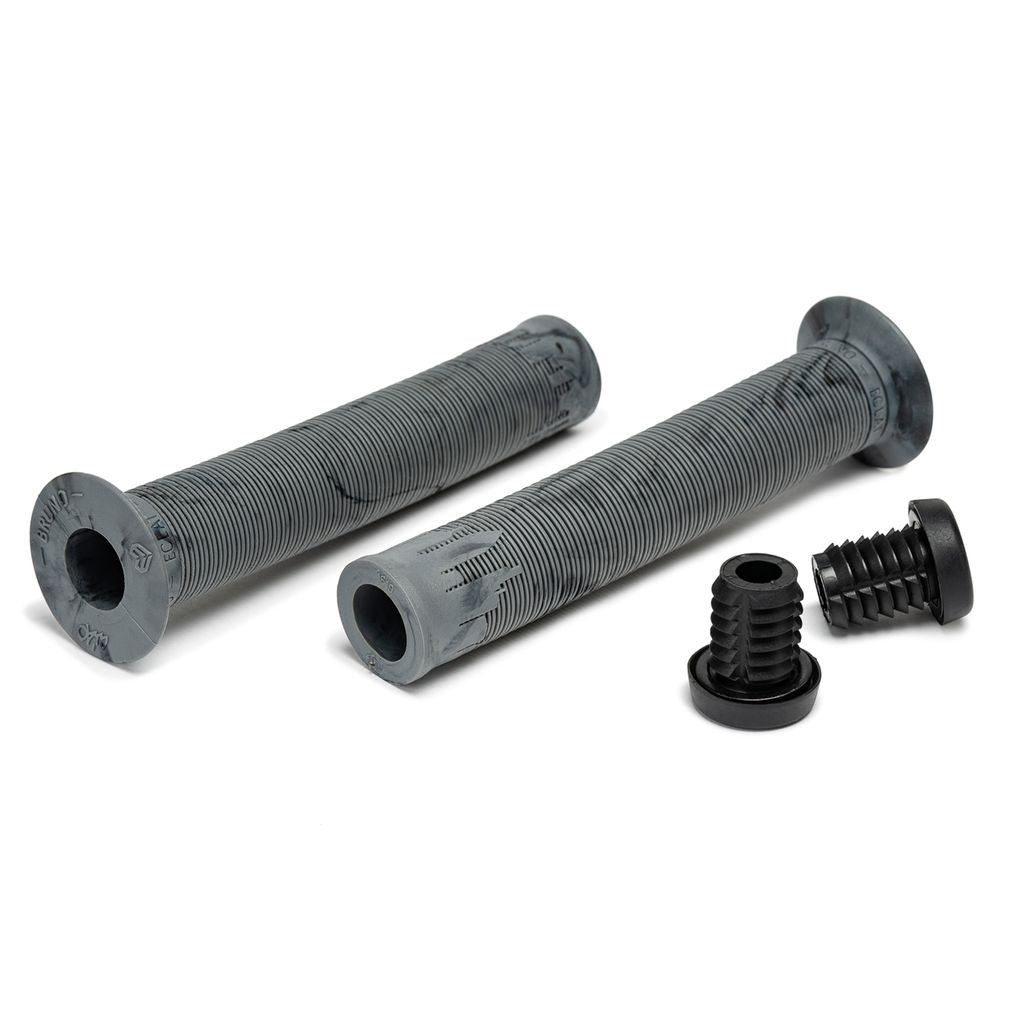 Introducing the brand new Eclat Bruno Grips, crafted in partnership with Bruno Hoffman, featuring two gray bicycle handlebar grips complete with screw-on end caps on a pristine white background.