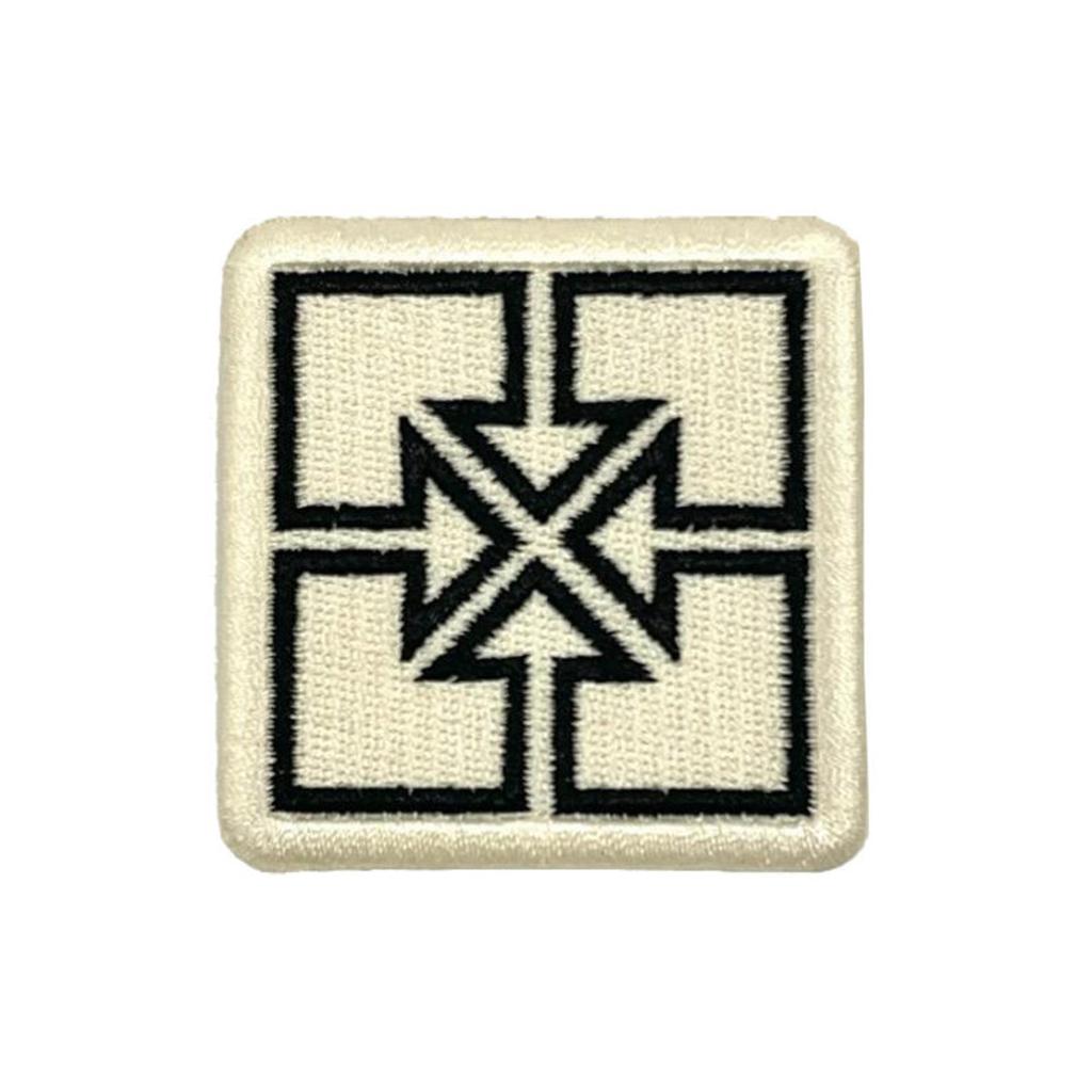 The Fit Bike Co Key Embroided Patch is a square patch with a black geometric design of intersecting lines forming rectangles and a central star shape on white, finished with a neat satin border.