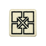 The Fit Bike Co Key Embroided Patch is a square patch with a black geometric design of intersecting lines forming rectangles and a central star shape on white, finished with a neat satin border.