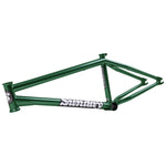 The Sunday Silvawave Frame (Brett Silva Signature) is a green BMX frame with a "Sunday" logo on the down tube, made from 100% 4130 chromoly, shown angled to display the head tube, top tube, and rear stays.