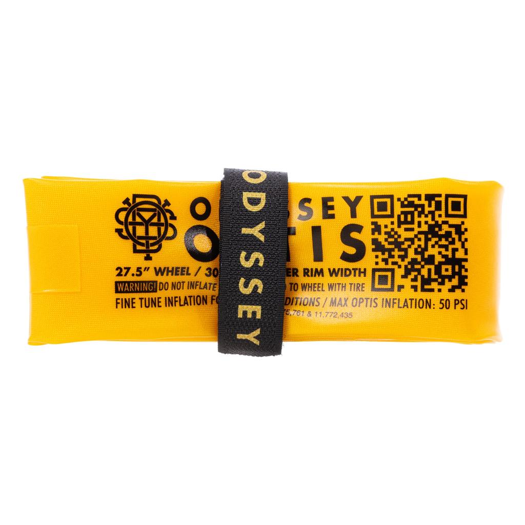 The Odyssey OPTIS Insert With Valve P/V Tube (29 Inch) is a yellow bicycle rim strip with size and inflation details, secured by a black strap—perfect for protecting rims and enhancing tire performance.
