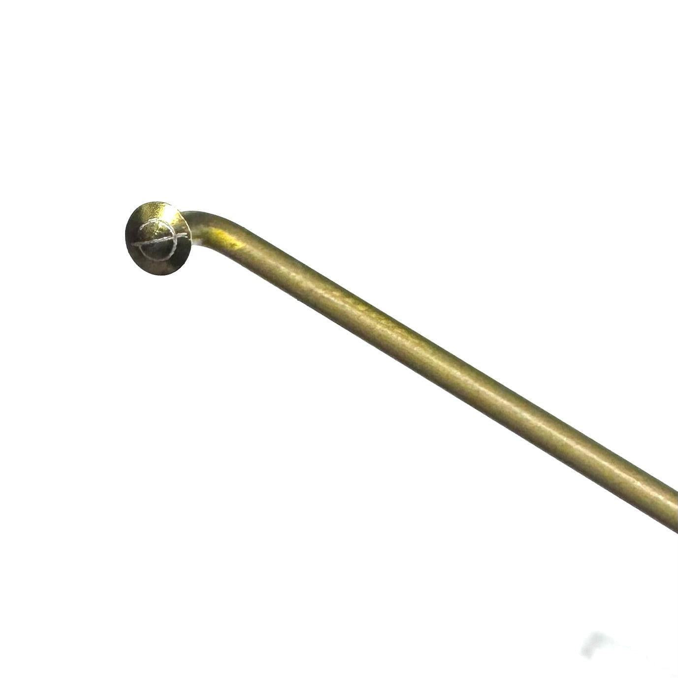 A close-up of the Spectre Titanium V3 14g Spoke (Each) / Flat Gold, highlighting its precision and durability from Grade 5 6Al4V Titanium, ideal for strong, lightweight bicycle wheels.